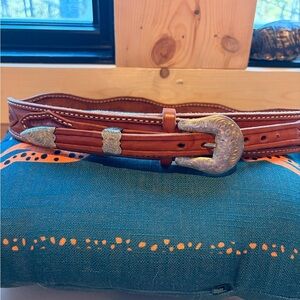 Vintage Hand Made Brown Leather Belt with Silver Buckle German Western M/L